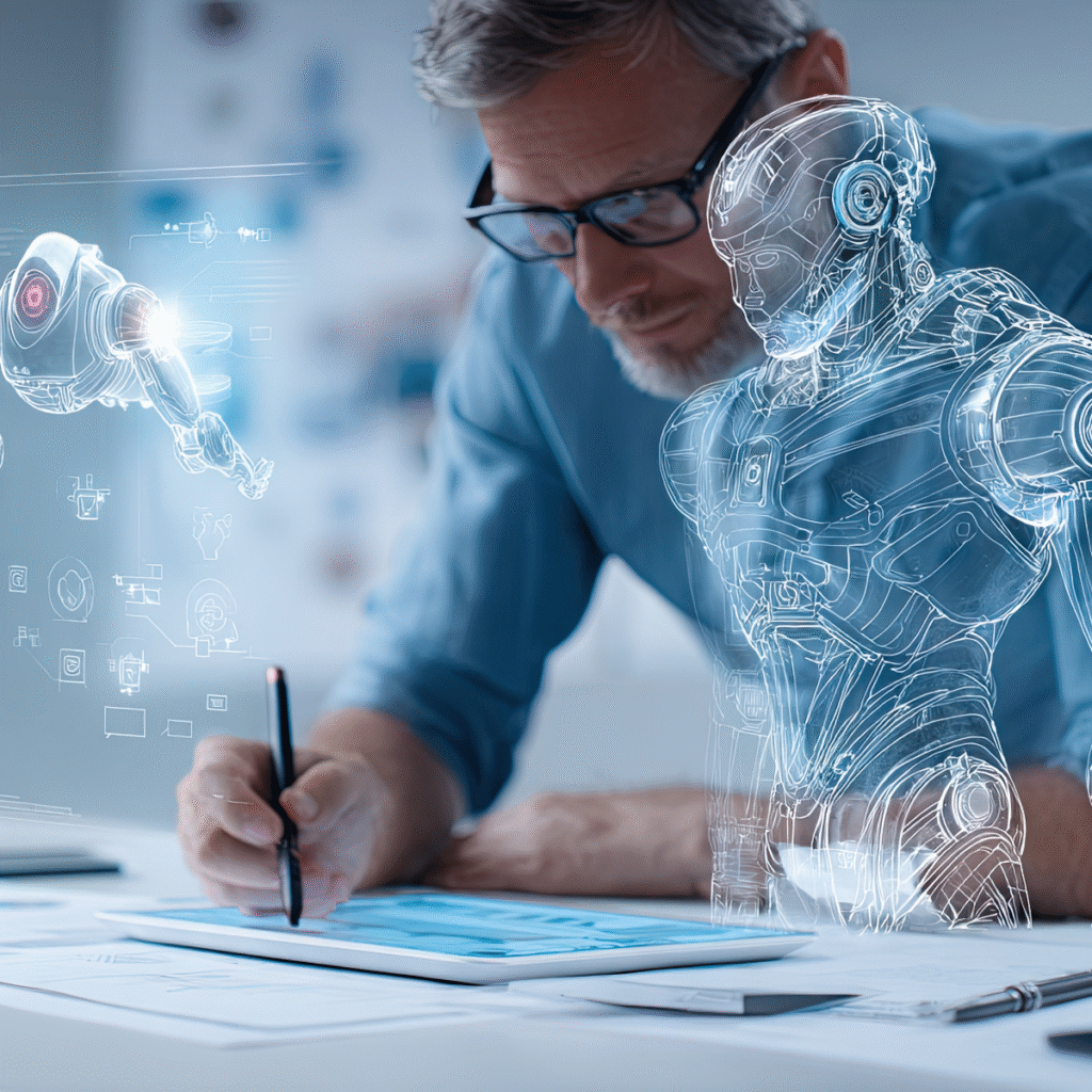 Biznesmen korzystający z tabletu z wizualizacją robota i technologii sztucznej inteligencji.
