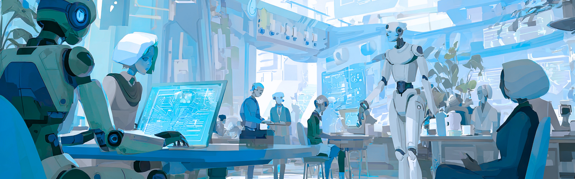 Nowoczesne biuro: ludzie i roboty współpracują przy komputerach w jasnym, futurystycznym wnętrzu.