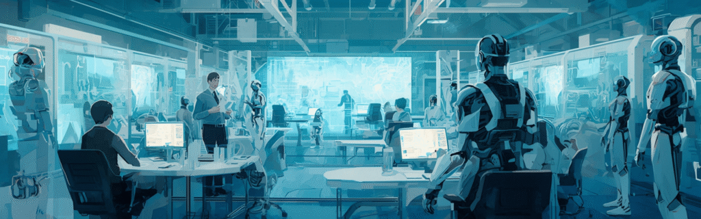 Specjaliści i roboty analizują dane na dużych ekranach w nowoczesnym biurze – metafora audytu gotowości na AI w Amaize.me