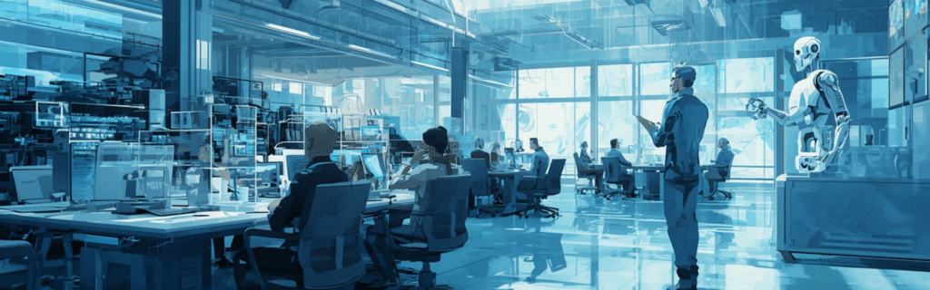 Zespół specjalistów pracujący w otwartej przestrzeni biurowej z robotami i ekranami danych – nowoczesny zespół Amaize.me