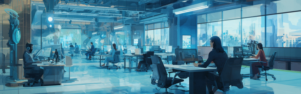 Zespół menedżerów i robotów omawia plan działania na tle ekranów z danymi – wizualizacja strategii wdrożenia AI Amaize.me