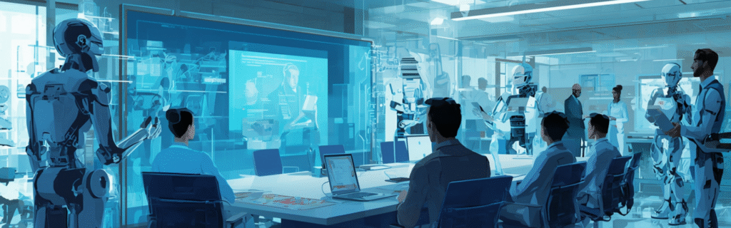 Nowoczesne biuro, w którym ludzie i roboty współpracują przy komputerach – wizualizacja warsztatów AI dla firm Amaize.me